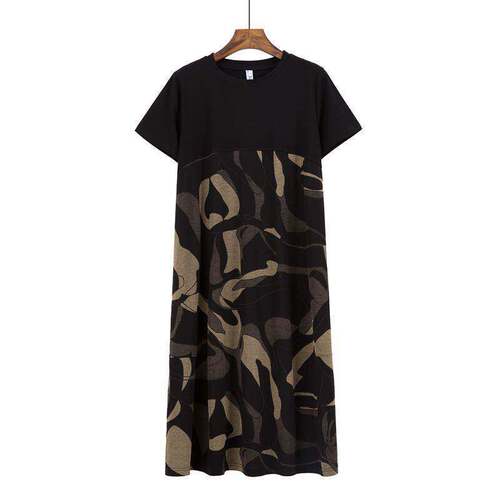 Mom dress, large size, 200kg, medium and long dress, women's summer dress, fat MM loose, slimming printed, short-sleeved A-line dress, women