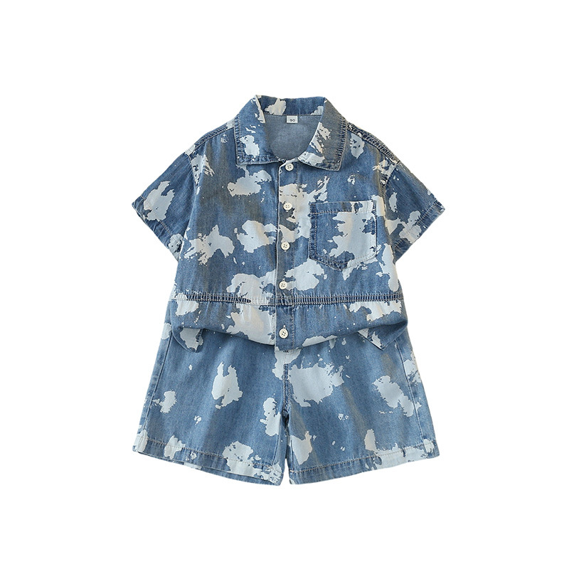 7393 Traje de verano para niños 2025 Nueva ropa de mezclilla de estilo chino de manga corta Traje de dos piezas de verano para niños de moda