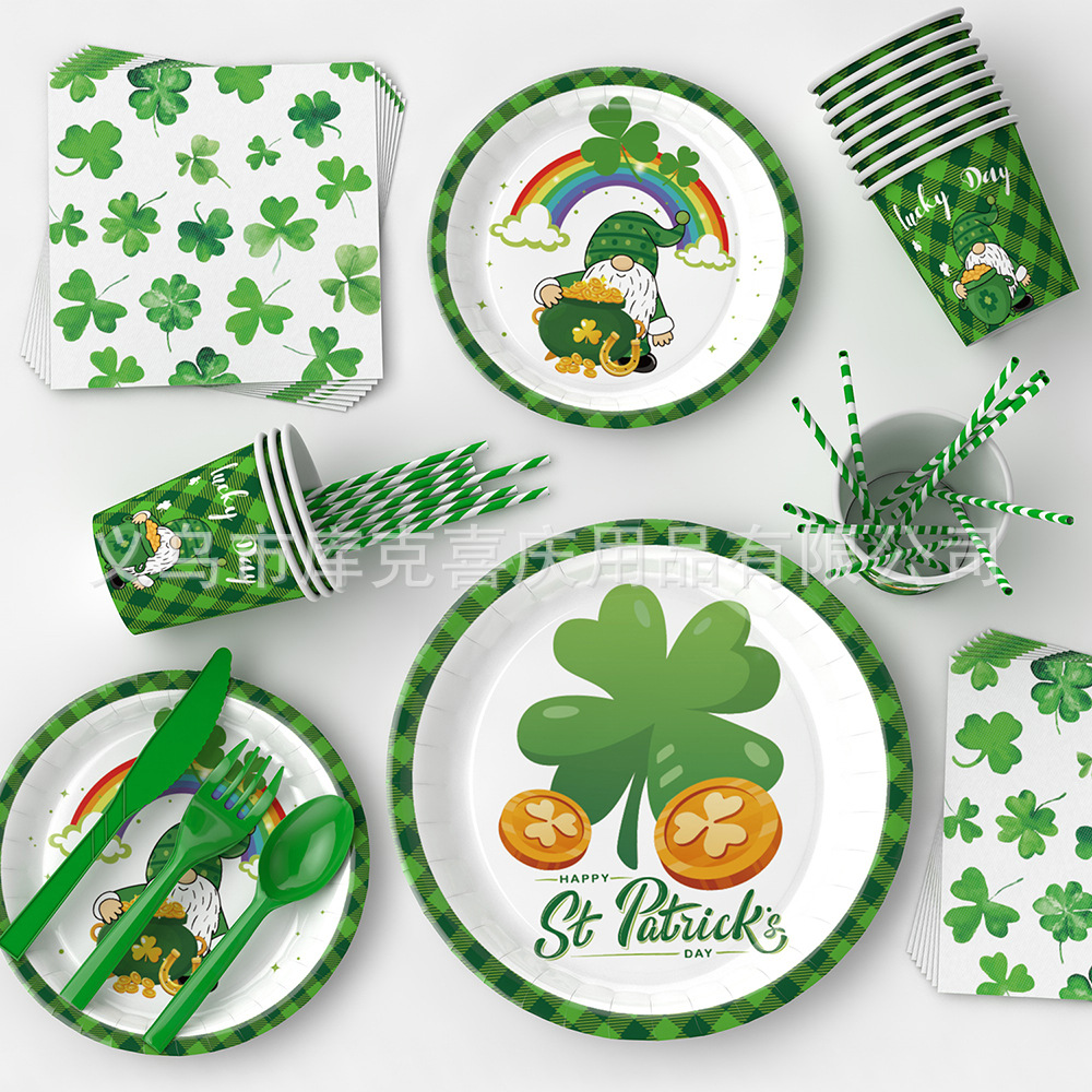 Nuevo día de San Patricio decoración del partido suministros trébol irlandés placa papel tejido mantel decoración traje