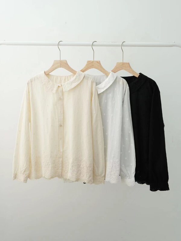 Thin Pure Cotton Full Flower Embroidery Heavy-Duty Hem Hollow Lace Doll Collar Shirt
