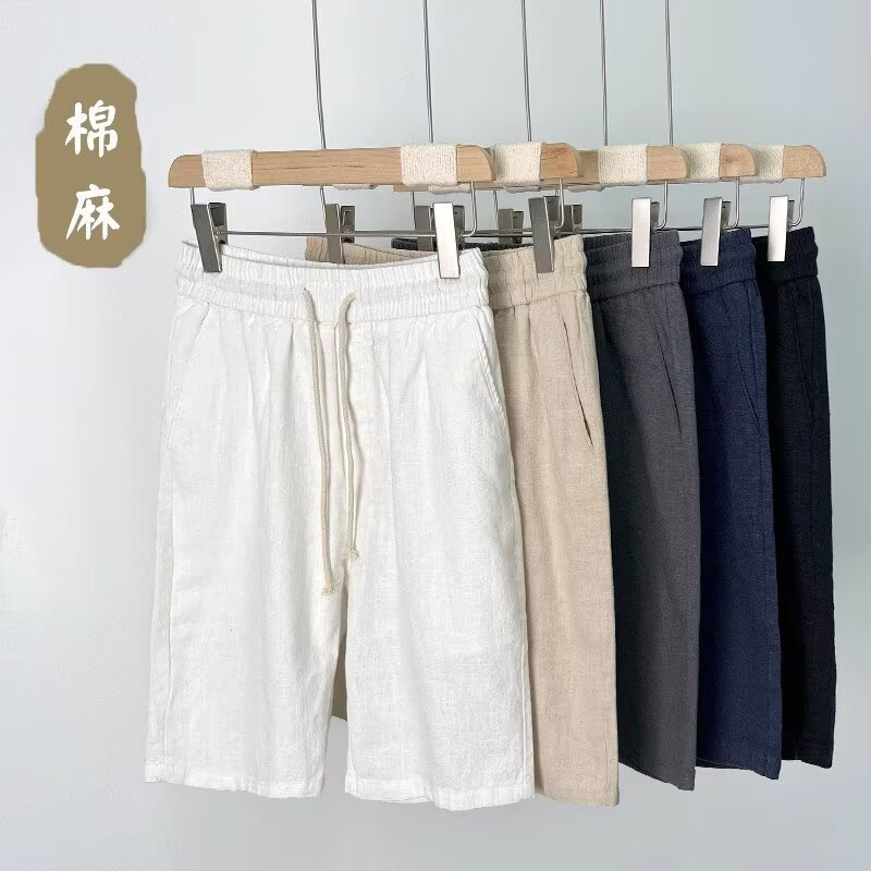 Linen Shorts for Men, Summer Thin Cotton-Linen Five-Point Pants, Men's Beach Shorts, Straight-Leg Mid-Length Pants, White Casual Loose Shorts