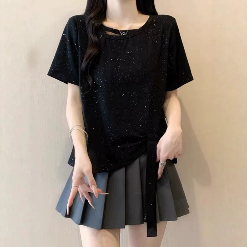 Irregular Short-Sleeve T-Shirt for Women, Summer 2026, Plus Size, Slimming Design, Sequined, Trendy Top