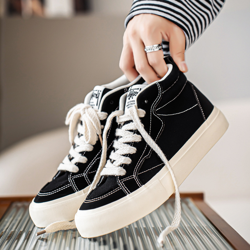 2025新款学生百搭高帮帆布鞋男休闲潮流小众高街板鞋一件代发8136