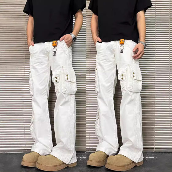 American Style Retro Heavy Tie-Dye Multi-Pocket Jeans Men's High Street dirtyfit Micro-Lazarus Casual Straight Crane Pants
