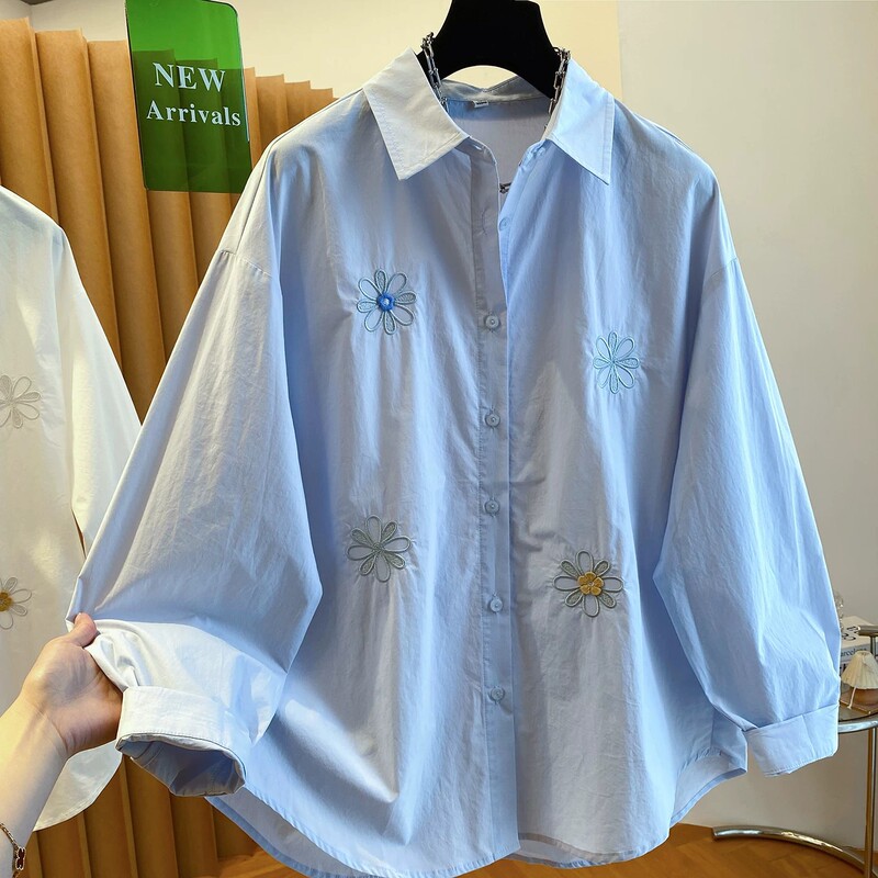 High-End Luxury Blue Floral Embroidery Shirt for Women, 2026 New Spring Collection, Loose and Unique, Super Stylish Shirt High-End Luxury Blue Floral Embroidery Shirt for Women, 2026 New Spring Collection, Loose and Unique, Super Stylish Shirt