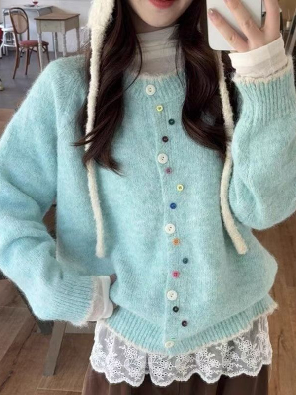 韩系清新彩扣圆领针织开衫女2025秋冬新款宽松学院风软糯毛衣外套|undefined