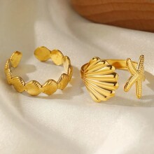 欧美时尚2 件套组合海洋灵感不锈钢开环戒指个性百搭开口戒指批发