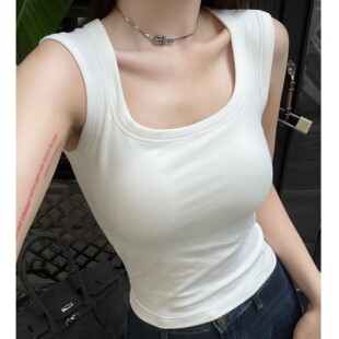 Zhang Beibei's American-Style Slimming U-Neck Wide Shoulder Strap Versatile Vest with Chest Pads for Women, Sleeveless Top for Women