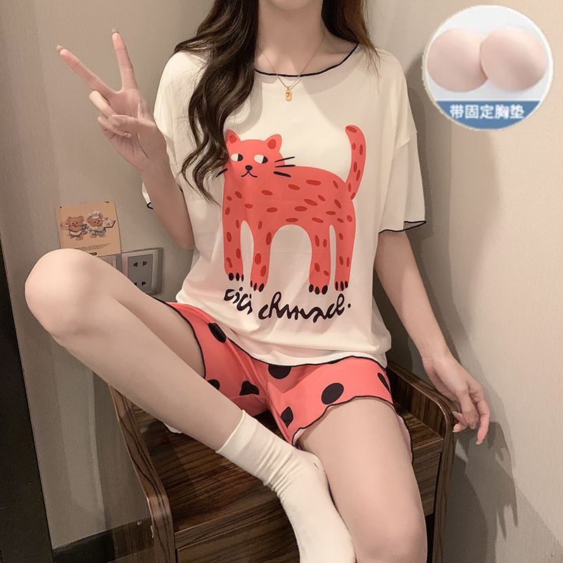 Comercio exterior transfronterizo al por mayor con almohadilla para el pecho hilo de seda de hielo pijamas de cuello redondo mujeres verano casual pantalones cortos de manga corta ropa de casa de dibujos animados
