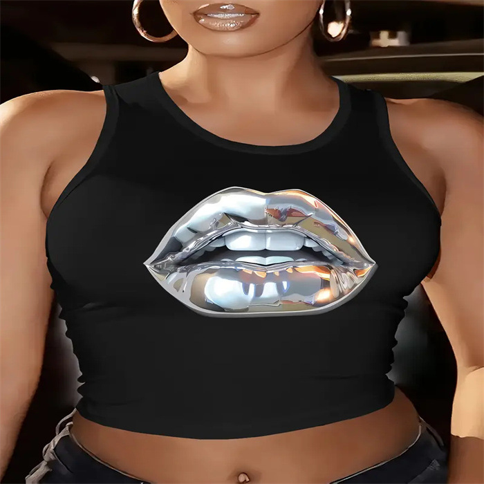 European American Style Cropped Printed Vest Sleeveless round Neck Tank Top for Women New Summer Hot Girl Look Blended Material_ecoleips.com