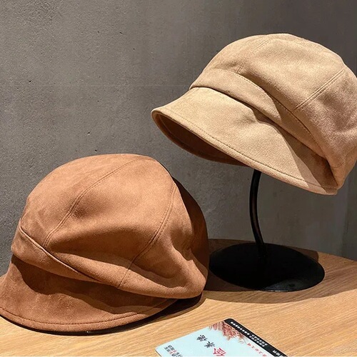 Hat women's autumn and winter suede internet celebrity black cold hat beret Japanese style pile hat big head circumference octagonal fisherman hat