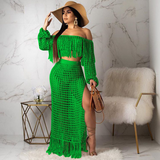 TS938 Cross-border Supply New European and American Women's Casual Mesh Tassel Beach Skirt Two-piece Set