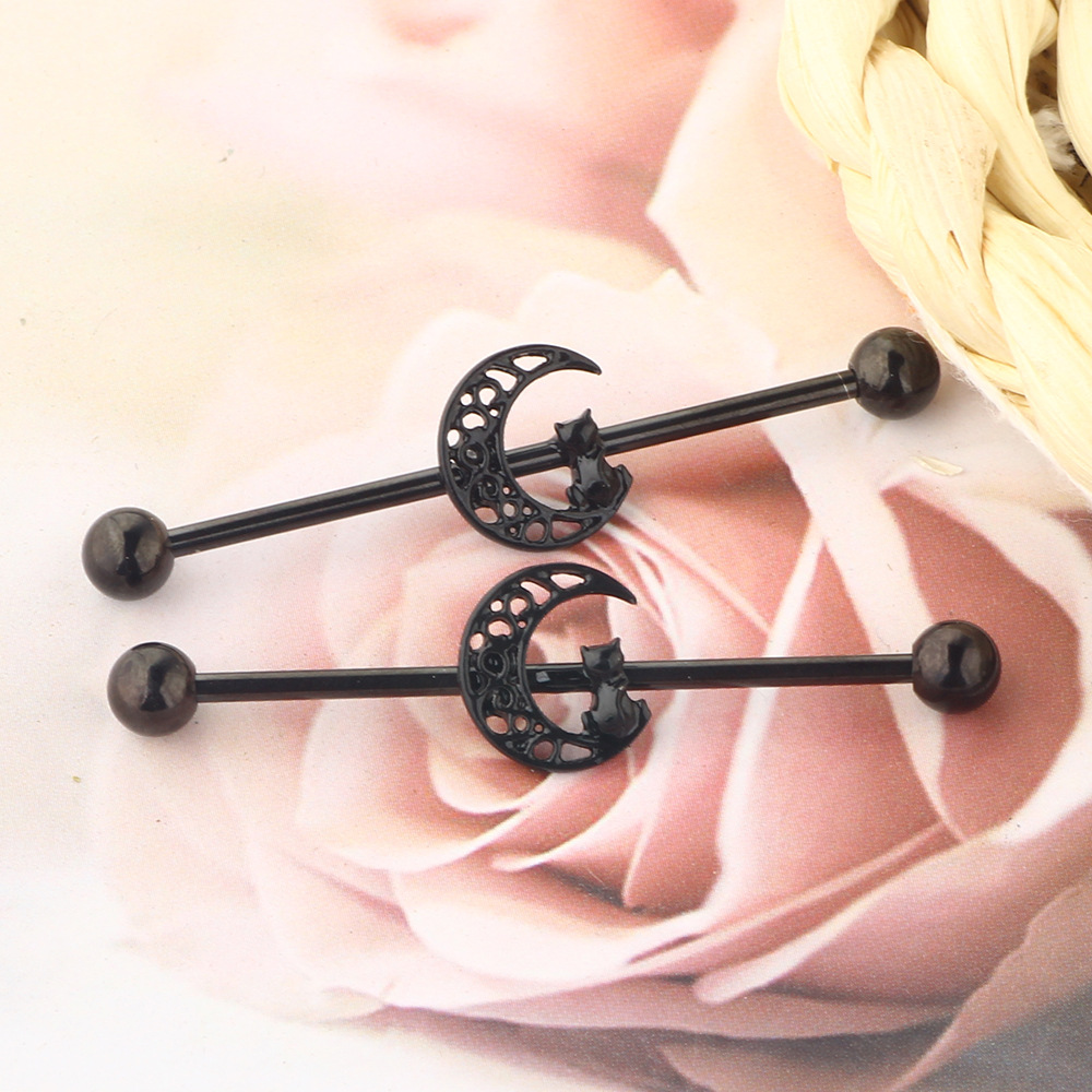 Black Cat Industrial Barbell Cross Bar Piercing Ear Jewelry - Cartilage Stud Earrings detail image 8