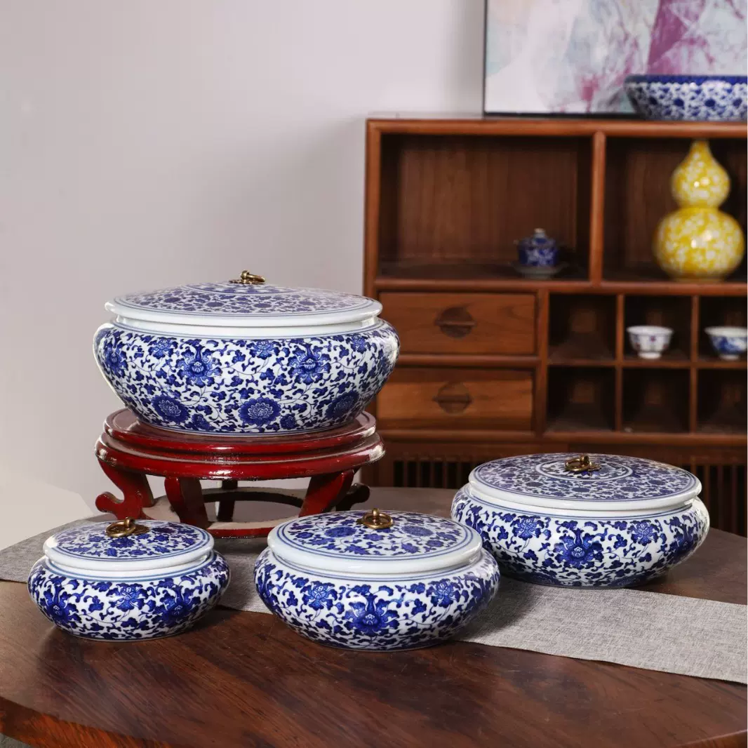 景德镇青花陶瓷茶叶罐茶饼罐零食干果收纳盒家居客厅厨房装饰摆件