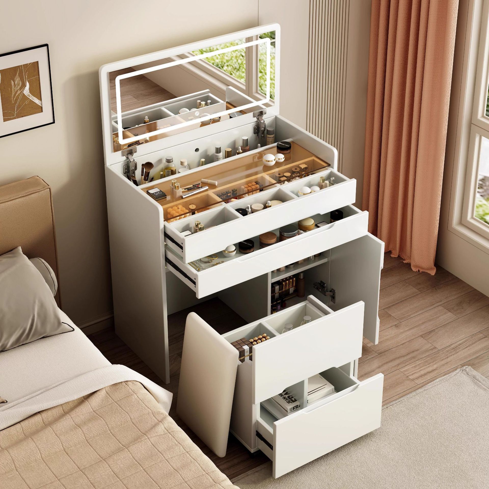 Nuevo tipo de cubierta pequeña dormitorio moderno y simple crema ventana lámpara de mesa de maquillaje gabinete de almacenamiento en uno