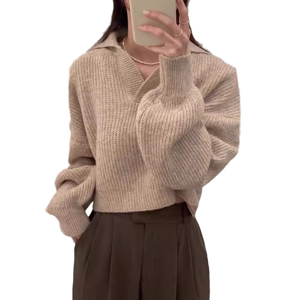 Chico coreano otoño invierno nicho perezoso viento medio abierto cuello suave glutinoso relajado casual versátil manga larga jersey mujer image 6