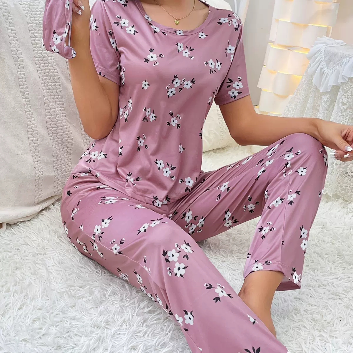 芬靓跨境女士家居服圆领短袖长裤牛奶丝满印小花带眼罩三件套睡衣