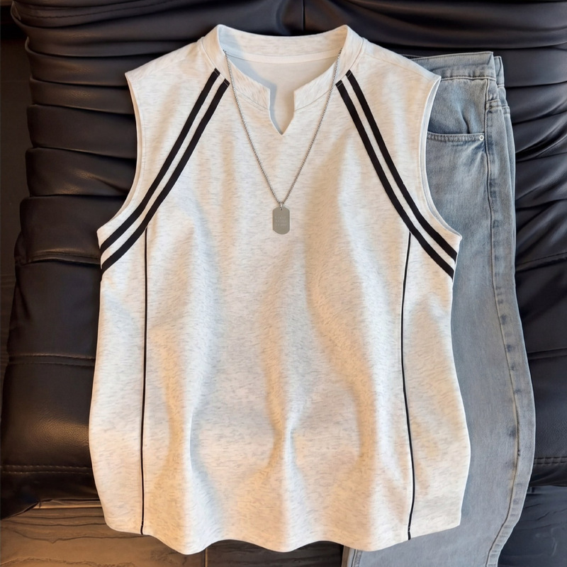 American-Style Patchwork Striped V-Neck Vest for Men, Summer Cleanfit Fitness Sports Sleeveless T-Shirt, Men's Tank Top