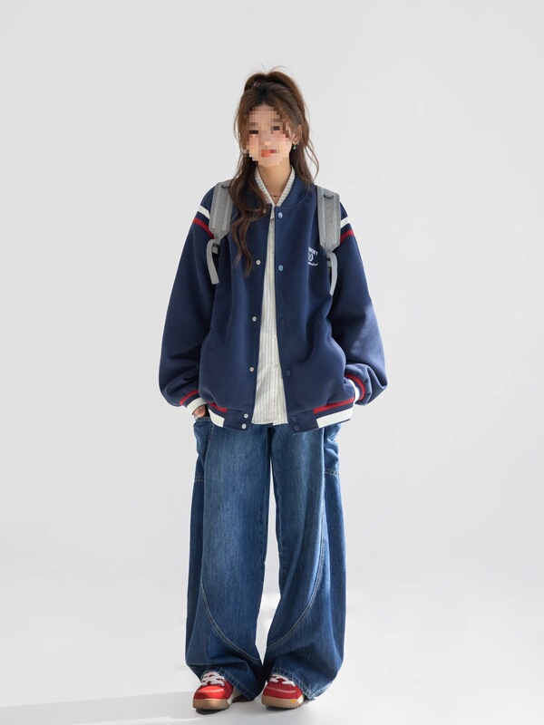 2025美式复古字母刺绣棒球服外套女春秋撞色拼接情侣夹克|undefined