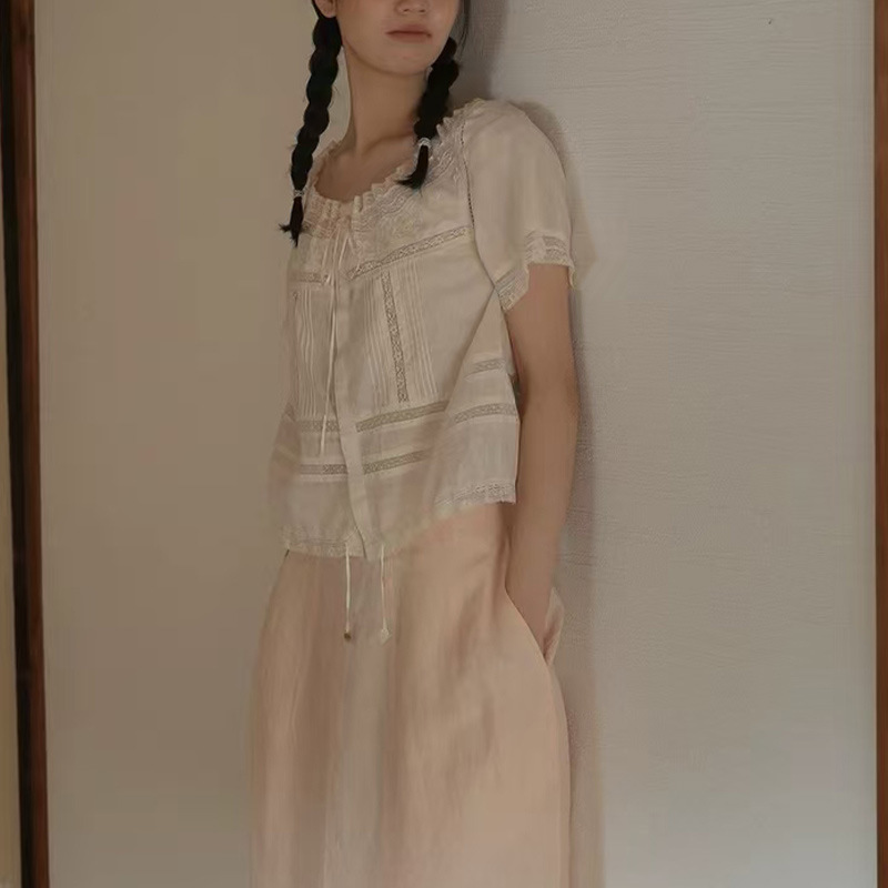 Ginger Double-Layer Dotted/Tussah Silk Embroidered Fine Lace Vintage Blouse 2026 Summer New Style Ginger Double-Layer Dotted/Tussah Silk Embroidered Fine Lace Vintage Blouse 2026 Summer New Style