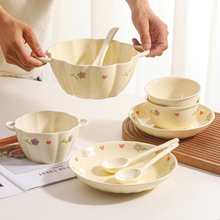 紫藤花奶油风ins盘碗套装家用饭碗陶瓷盘子碗双耳面碗大汤碗配勺