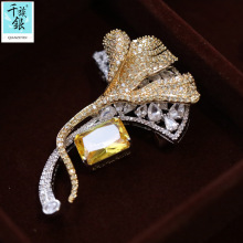 千族银 高奢设计铜锆石银杏叶胸针 精致立体双层叶子胸花开衫别针