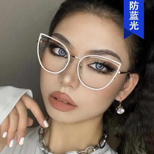 Cross-border hollow cat-eye flat mirror anti-blue light  new style glasses frame for women's personality can be equipped with myopia glasses frame