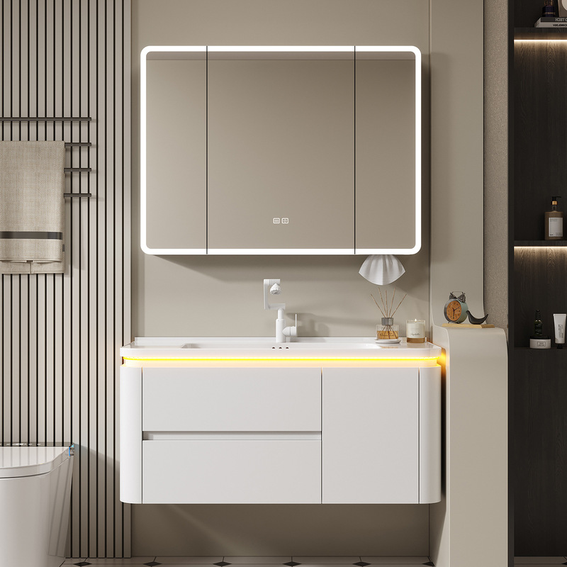 Curved Space Aluminum Bathroom Mirror Cabinet with Integrated Basin, Wall-Mounted Smart Mirror Cabinet with Light, Washbasin Vanity Curved Space Aluminum Bathroom Mirror Cabinet with Integrated Basin, Wall-Mounted Smart Mirror Cabinet with Light, Washbasin Vanity