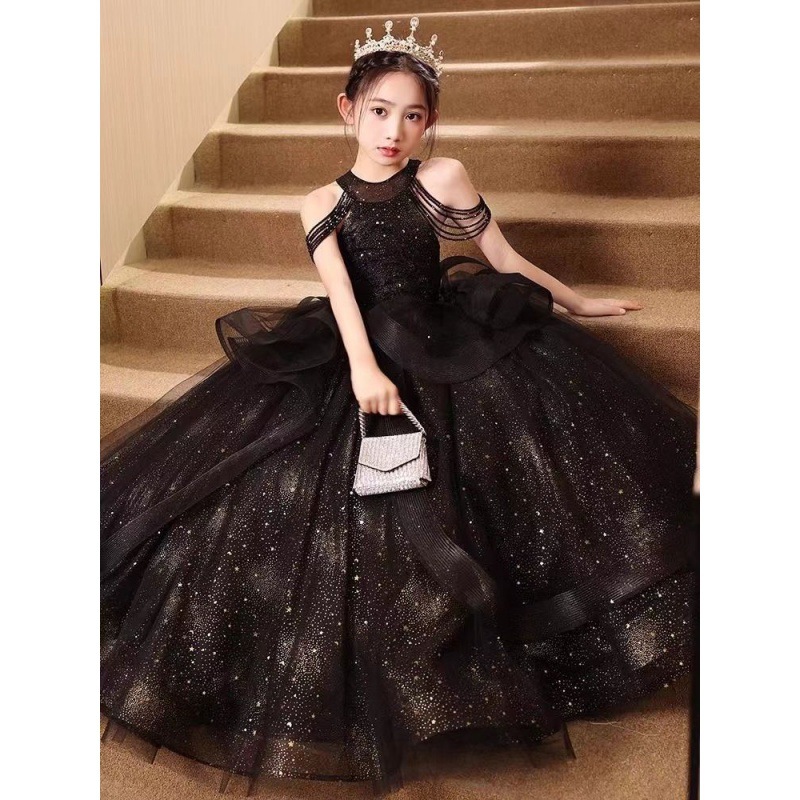 女童晚礼服主持人轻奢小众黑色公主裙儿童走秀演出服钢琴演奏