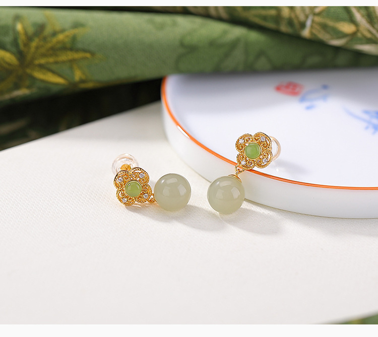 Bông tai bạc S925 mạ vàng đính ngọc bích phong cách Trung Hoa cổ điển — Thanh Thủy Ngọc chi tiết 8