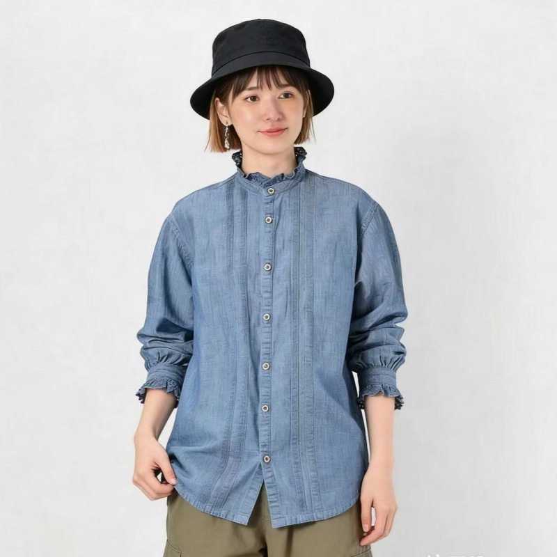 Directly Supplied from the Original Factory, Foreign Trade Clothing Cc45R Lace Long-Sleeve Shirt, Japanese-Style Denim with Ruffled Edges