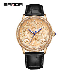 New 7012 Quartz Retro Men's Watch by SanDa: 3D-Engraved Leather Strap, Stylish Fluorescent Design, Trendy & Cool for Men