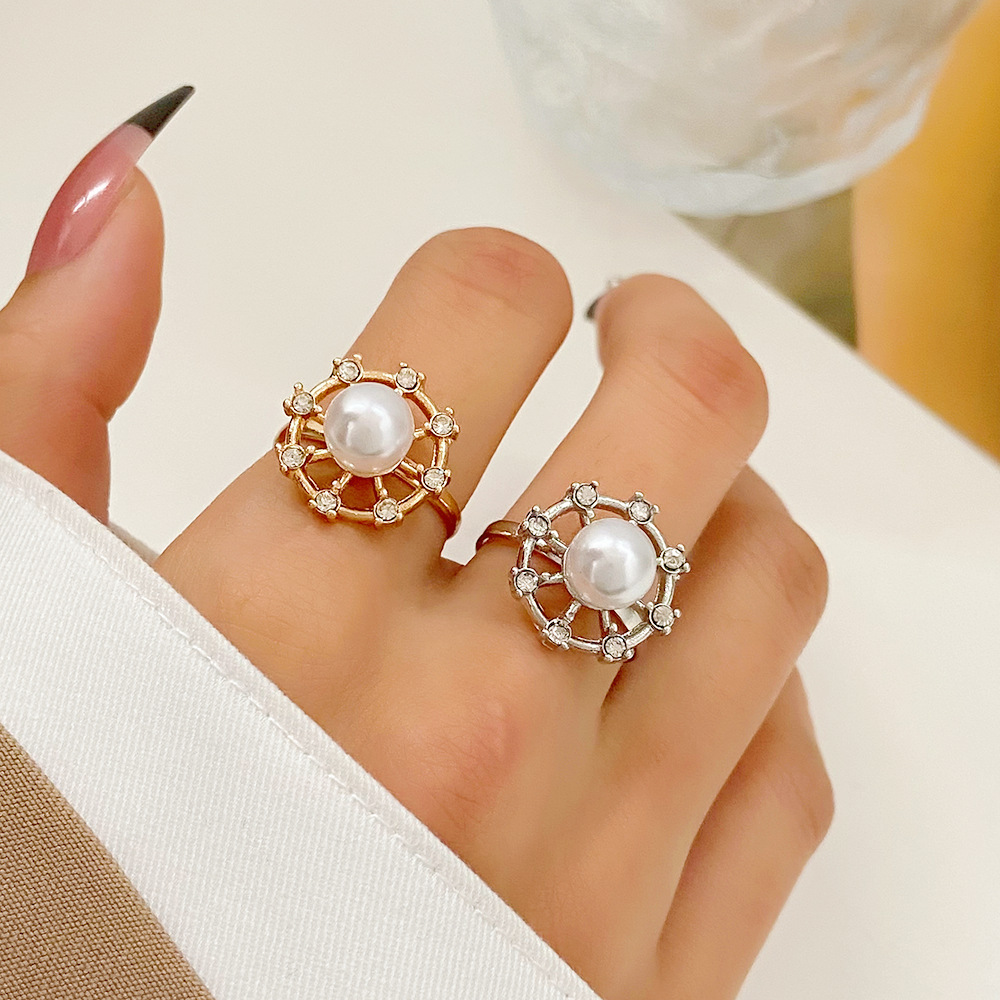 Fashion Flower Copper Inlay Artificial Diamond Pearl Rings 1 Piece