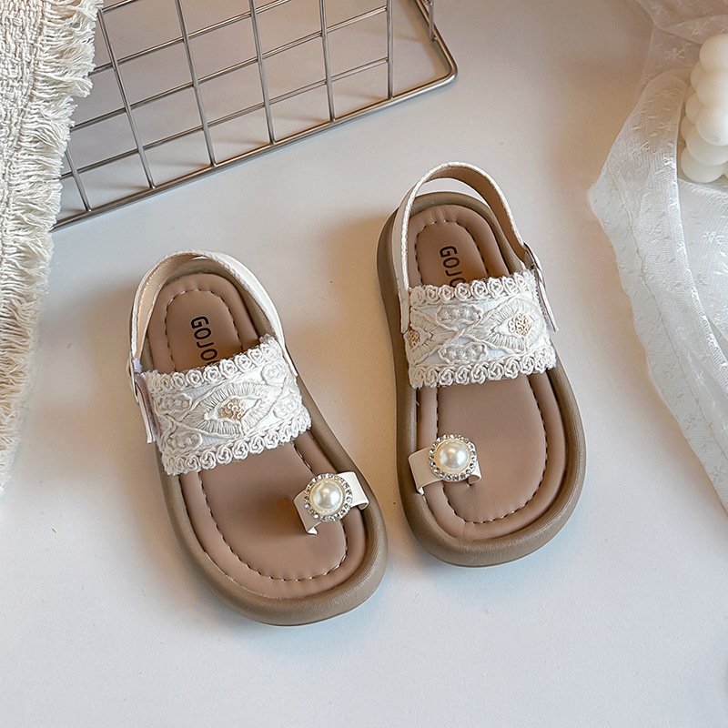 Mädchen-Sandalen mit Perlenverzierung | Weiche Riemen & verstellbarer Klettverschluss | Rutschfeste Sohle für Strand und Alltag_voghion.com