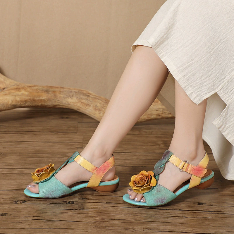 2025 новые ручной работы ретро этнические женские туфли из натуральной кожи с цветочным вырезом, женские сандалии на низком каблуке с открытым носком от производителя