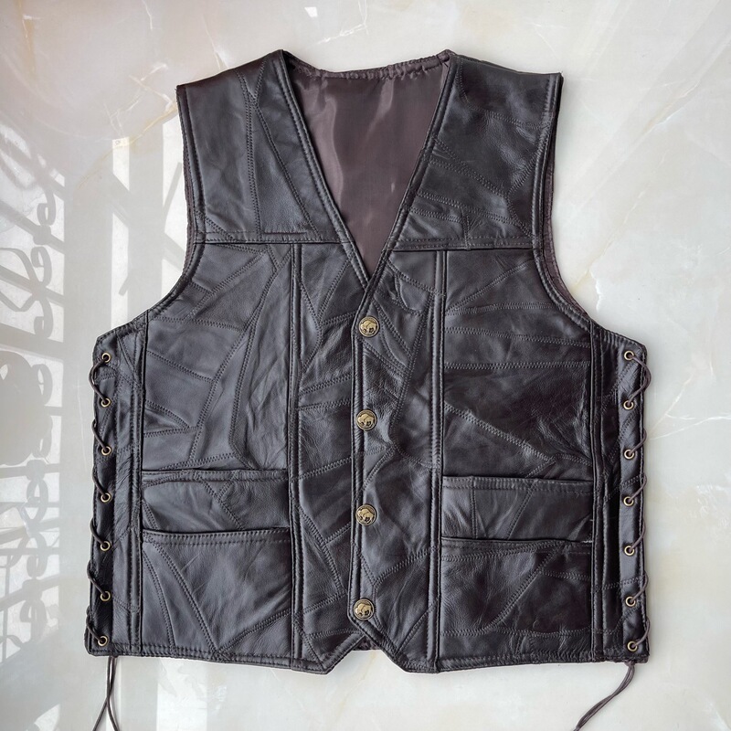 Classic Motorcycle Leather Vest Men's Vest Patchwork Leather Waistcoat Riding Vest Brown Version Pure Leather Stitching