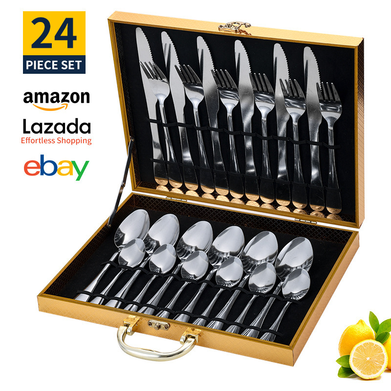 Conjunto de cubiertos de acero inoxidable transfronterizo de 24 piezas cuchillo de filete cuchara de cubiertos occidentales caja de regalo estado de ánimo cuchillo de huevo exportación