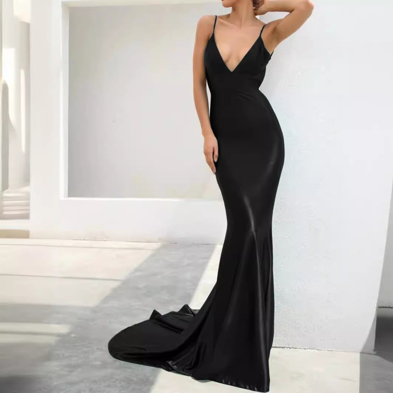 Cross-Border New Backless Low-Neck Satin Floor-Length Spaghetti Strap Dress Bridesmaid Gown for Birthday Party