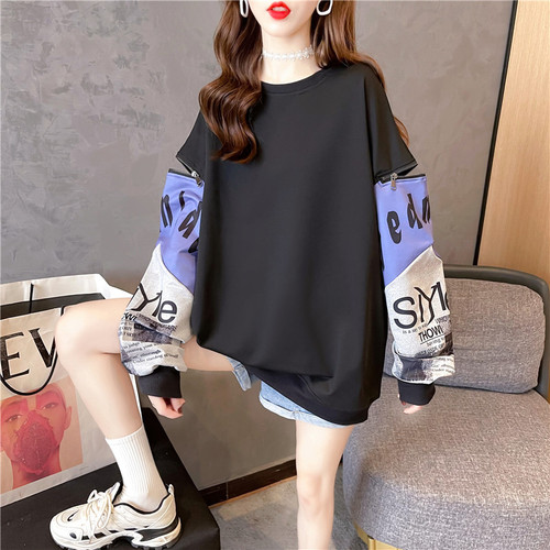 Korean style street style zippered hollow sweatshirt for women, loose and versatile spring and autumn wear, Harajuku style thin printed top