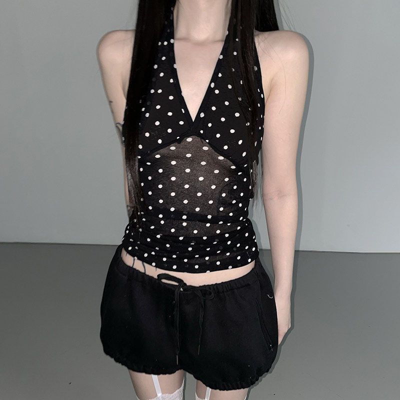 Cross-Border Wholesale【French Hot Girl Style】Dark Polka Dot Korean Halter Neck Backless Sexy Tank Top Cross-Border Wholesale【French Hot Girl Style】Dark Polka Dot Korean Halter Neck Backless Sexy Tank Top
