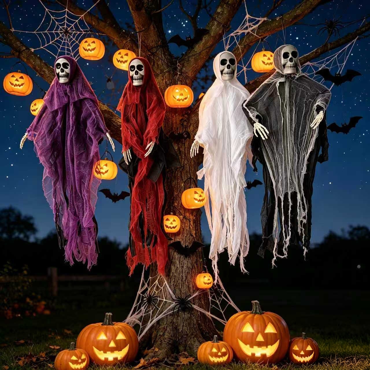 Decoración de Halloween calaveras gaza colgar fantasmas habitaciones embrujadas fiesta atmósfera decoración props horrores calaveras colgar fantasmas