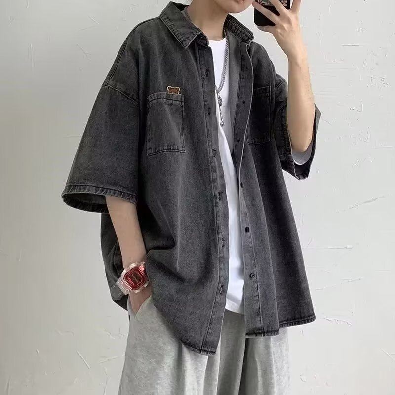 Summer Short-sleeved Denim Shirt Men's ins Trendy Brand Hong Kong-style Japanese Niche Design Sense Trendy Loose Half-sleeved Jacket Summer Short-sleeved Denim Shirt Men's ins Trendy Brand Hong Kong-style Japanese Niche Design Sense Trendy Loose Half-sleeved Jacket
