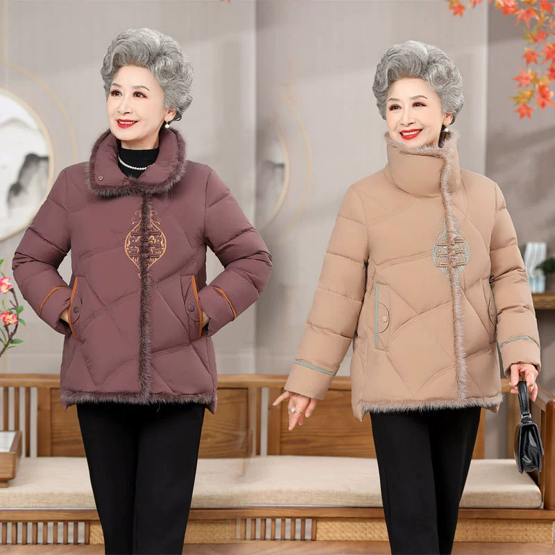 Бабушка Зимний пуховик женский пожилой новый костюм Тан утолщенный маленькая мать зима иностранный воздух старик пальто