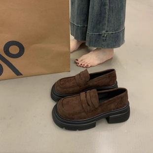 Retro British Style Thick-Soled Height-Increasing Loafers, Versatile Commuter Suede Small Leather Shoes, Women's Shoes, Thick-Heeled Flats