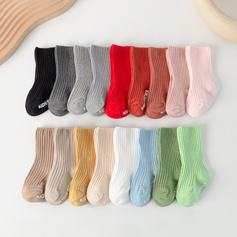 Spring and Autumn Infant Baby Socks Spanish Solid Color Double Needle Children's Socks Vertical Stripe Korean Style Mid-tube Socks Non-slip