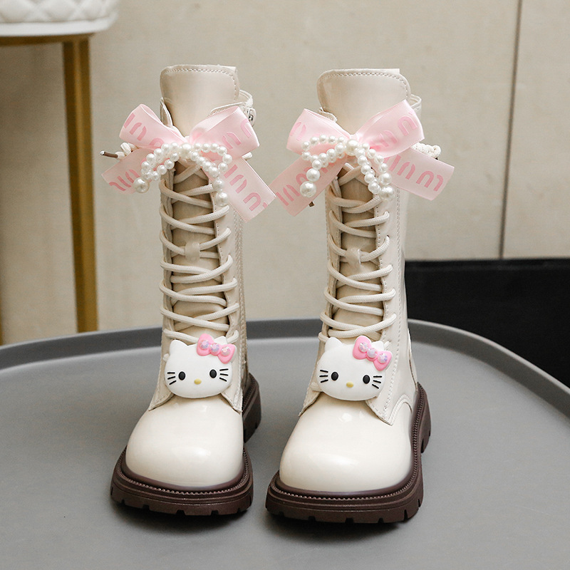 Girls' Long Boots 2025 Korean Style Autumn and Winter New Style Medium and Large Children's Cute Cartoon Plus Suede Leather Boots Soft Sole Bright Leather Boots