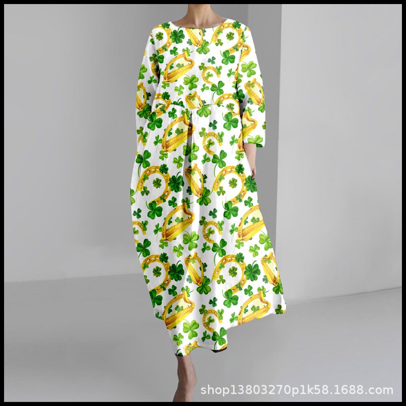 2025 Cross-Border Women's Casual Three-Quarter Sleeve Dress with St. Patrick's Theme Clover 3D Print for Summer