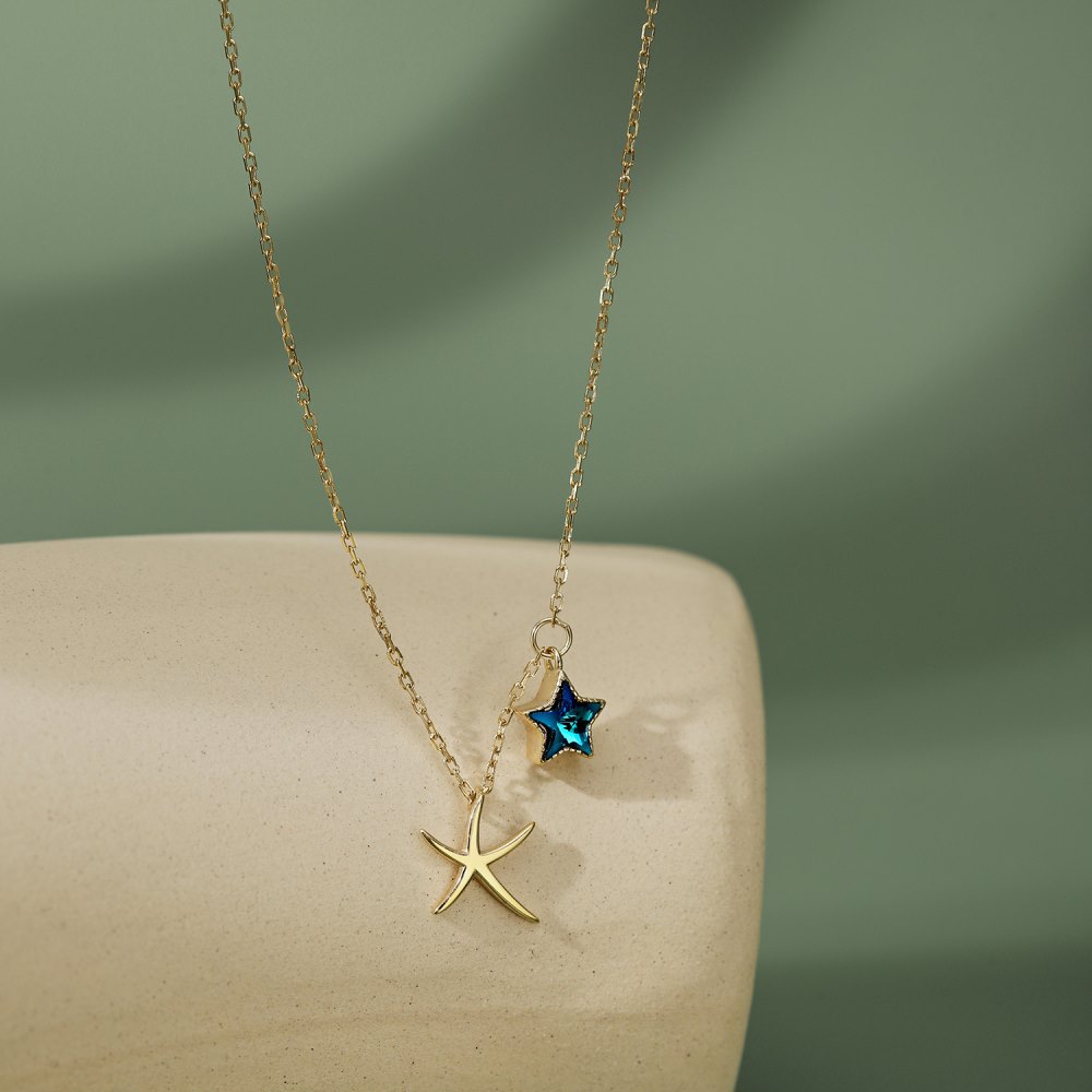 Fashion Star Starfish Sterling Silver Inlaid Zircon Necklace