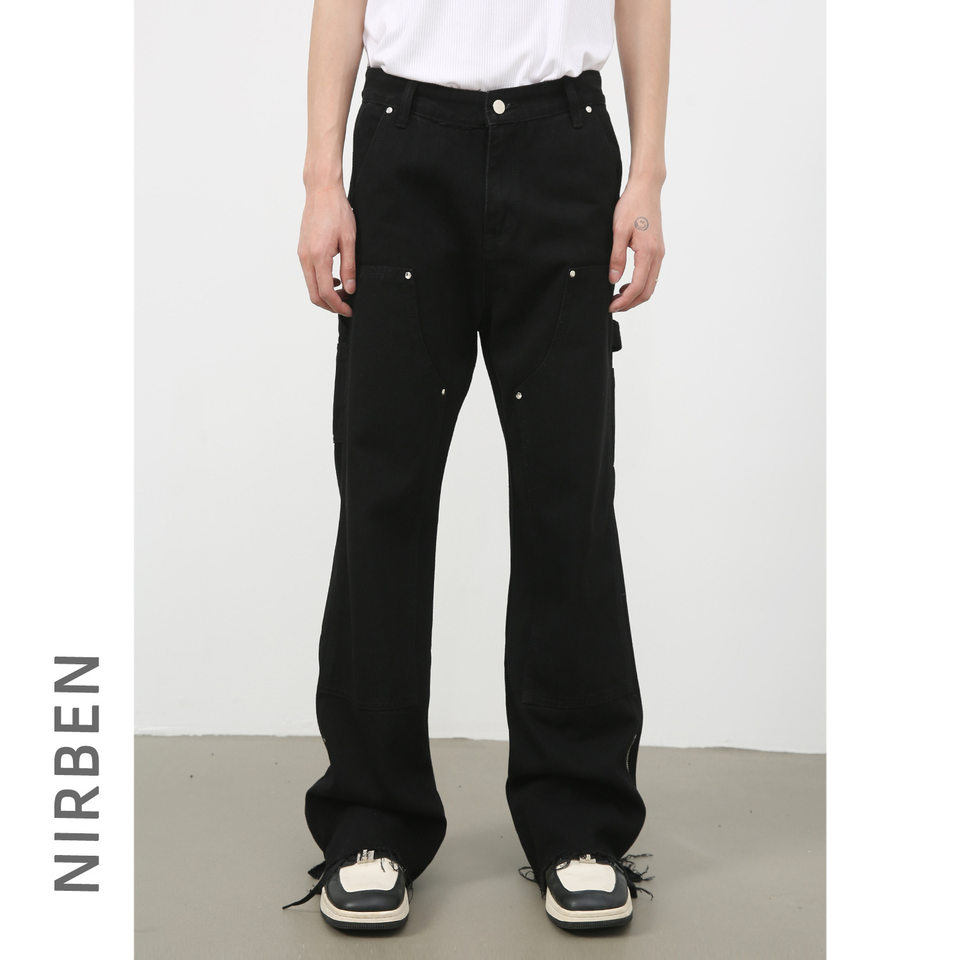 Quần jean nam ống suông phối khóa kéo phong cách Hàn, quần dài denim mềm mại — Màu đen