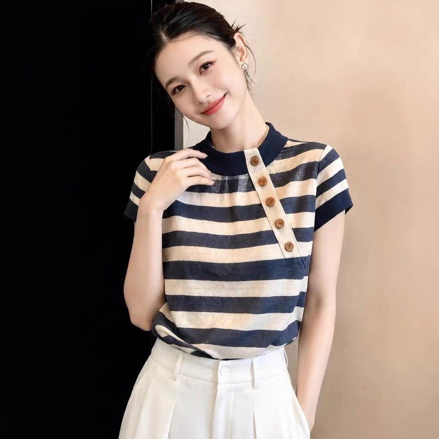 Áo thun nữ cổ tròn sọc ngang tay ngắn phong cách Hàn Quốc — sọc chi tiết 3